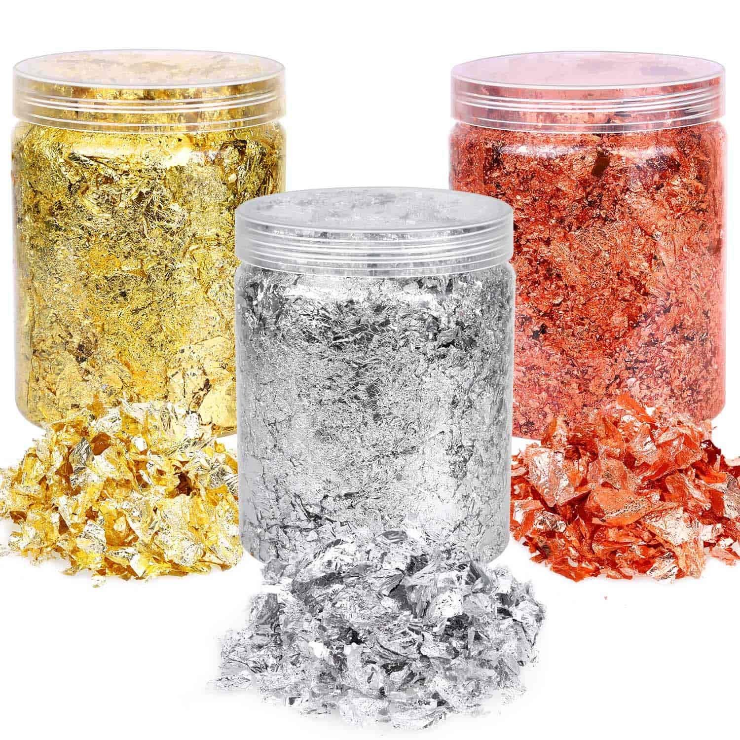 Gold Foil Flakes for Resin Jewelry Making, Paxcoo Gold Foil Flakes Metallic Leaf for Nails, Painting, Crafts, Slime and Resin Jewelry Making, 15 Grams Per Color (Gold, Silver, Copper Colors)