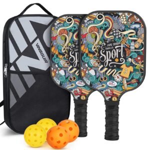 Vinsguir Pickleball Paddle – 2 Premium Graphite Rackets Honeycomb Composite Core with Cushion Comfort Grip & 4 Balls & Portable Racquet Bag (Hand Drawn Doodles + 3 Outdoor Balls +1 Indoor Ball+ Bag)