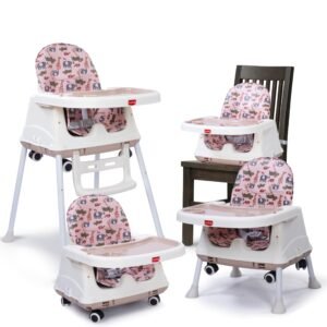 LuvLap 4 in 1 High Chair for Baby, Toddler Feeding Booster Seat with Wheels, 3 Height adjustments, with Cushion, 6 Months to 3 Years, Portable (Pink)
