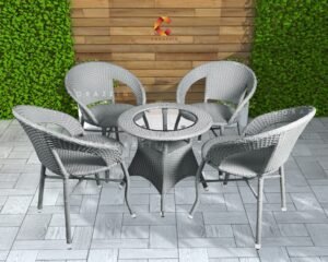 Garden Patio 4 Seater Chair and Table Set Outdoor Balcony Garden Coffee Table Set Furniture with 1 Table and 4 Chairs Set – (Grey), Rattan, 56 Cm, 61 Cm