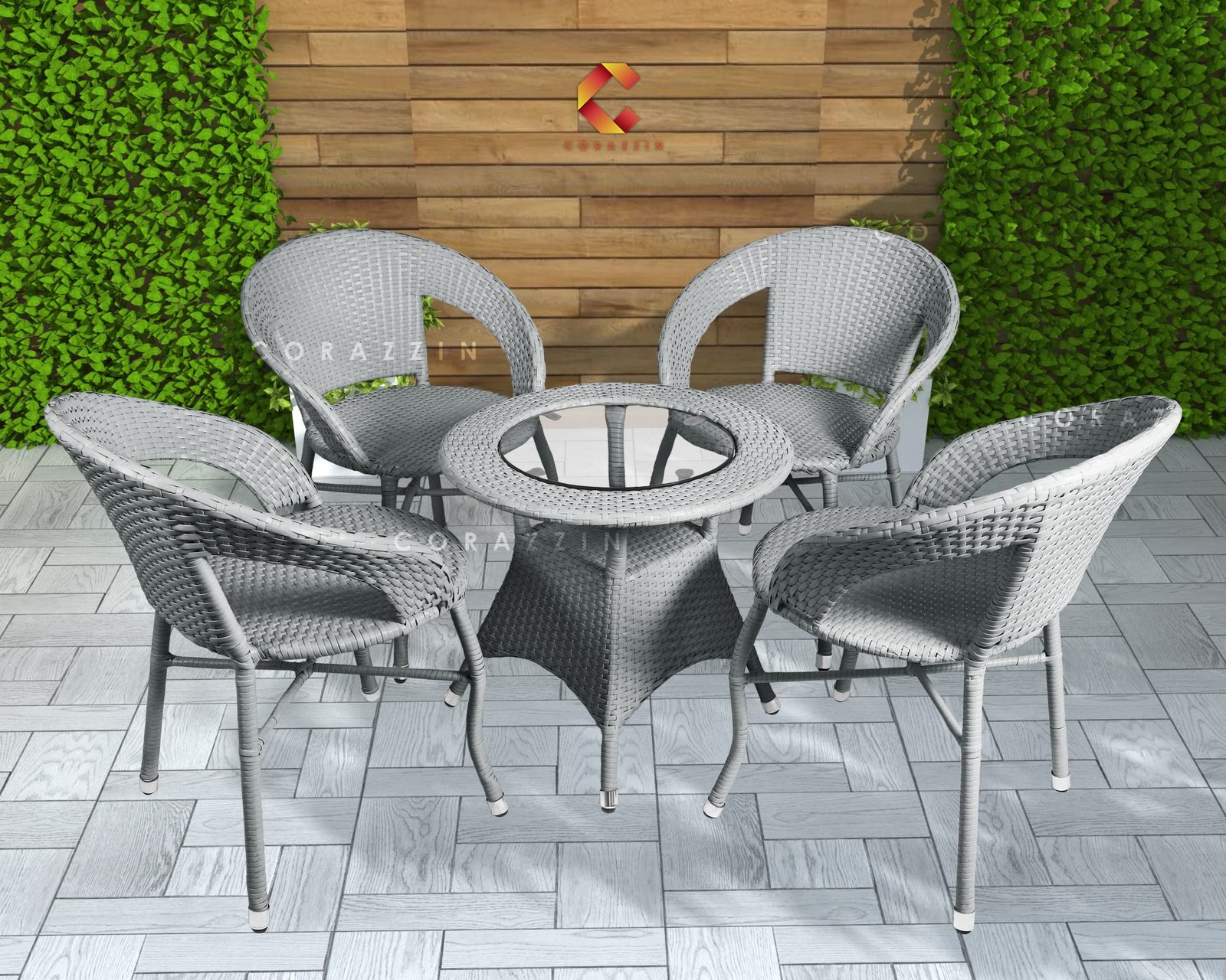 Garden Patio 4 Seater Chair and Table Set Outdoor Balcony Garden Coffee Table Set Furniture with 1 Table and 4 Chairs Set – (Grey), Rattan, 56 Cm, 61 Cm