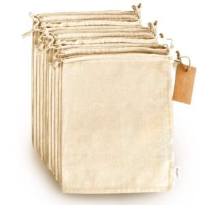 LEAFICO Multipurpose Eco Cloth Bags – Large 10×12 Inch (12 Pack) – Cotton Produce Storage Sacks – Muslin Drawstring Pouches for Vegetables – Bread Bags – Fabric Sachets