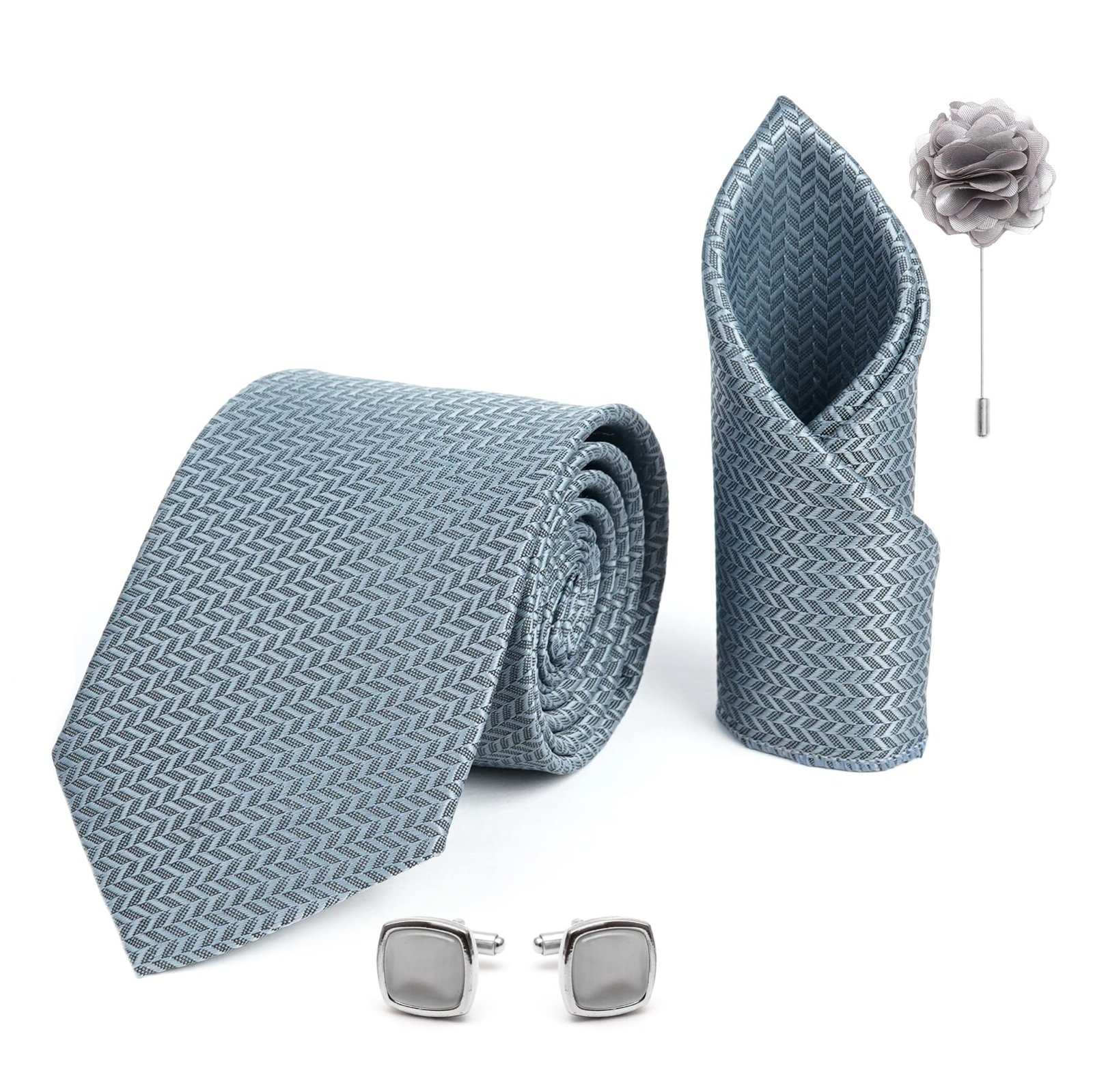 Tie for Men – Self Silk Neck Ties Set with Cufflinks Flower Pin, Pocket Square & Black Gift Box, Combo Necktie Sets for Office Wear, Formal Suits & Weddings (0, SIDIRX)
