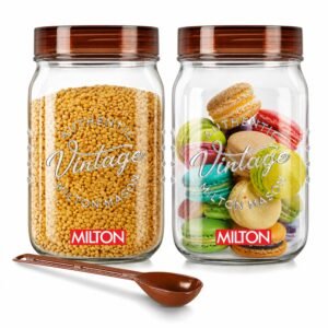 MILTON Vintage Plastic Storage Jar and Container Set, Airtight & BPA Free Containers for Kitchen Storage, Grocery Kitchen Container Stoarge, Multipurpose Transparent Jar, 1000 ML Each, Set of 2