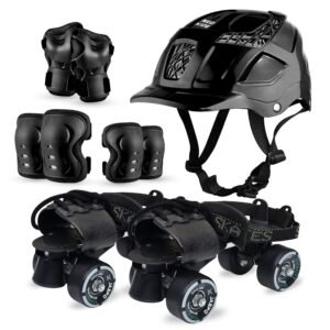 jaspo Unisex Tenacity Pro Adjustable Senior Outdoor Wheel Roller Skates Combo Suitable for Age Group 6 to 14 Years (Skates+ Helmet + Knee Guard+ Elbow Guard +Wrist Guard+Key) (Black)