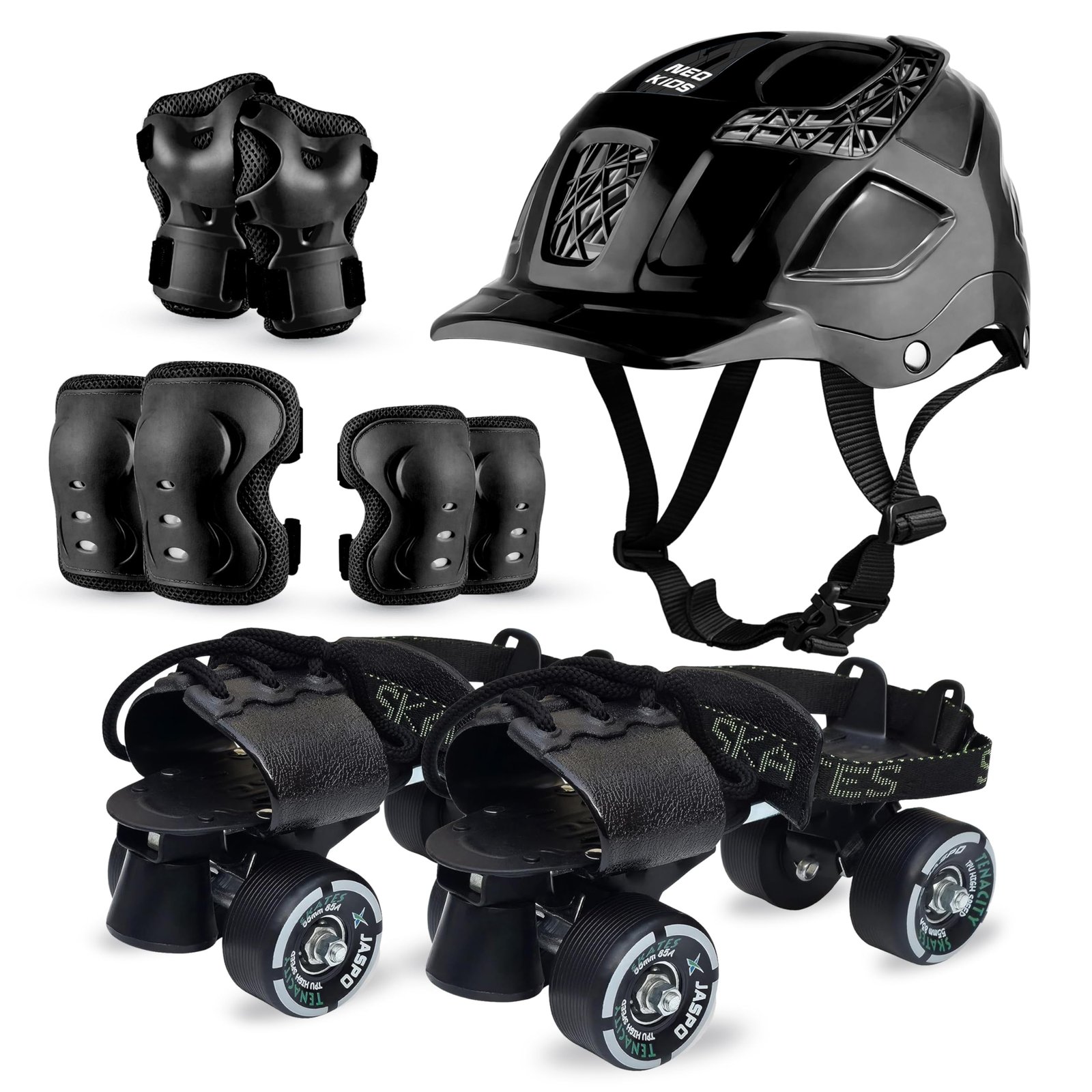 jaspo Unisex Tenacity Pro Adjustable Senior Outdoor Wheel Roller Skates Combo Suitable for Age Group 6 to 14 Years (Skates+ Helmet + Knee Guard+ Elbow Guard +Wrist Guard+Key) (Black)