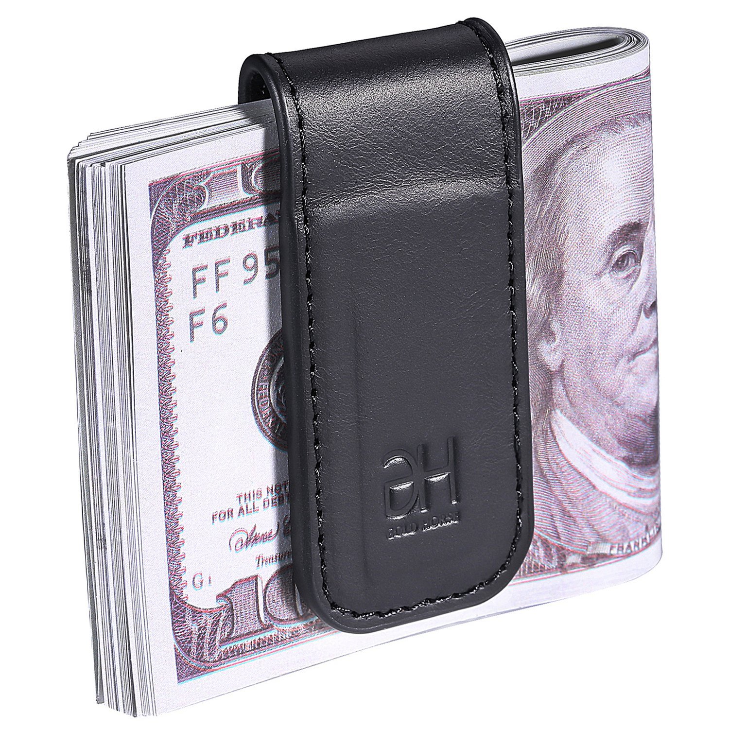 GH GOLD HORSE Men’s Slim Magnetic Money Clip Genuine Leather Business Card Holder (Black)