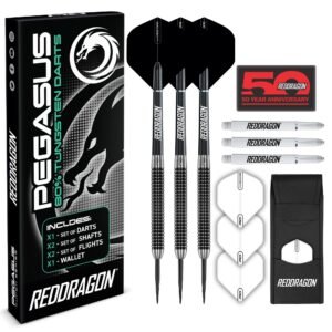 PEGASUS TUNGSTEN STEEL DARTS SET – 24 Gram – Black Red Dragon Shafts, Black Extra Thick Flights, Case & Red Dragon Checkout Card