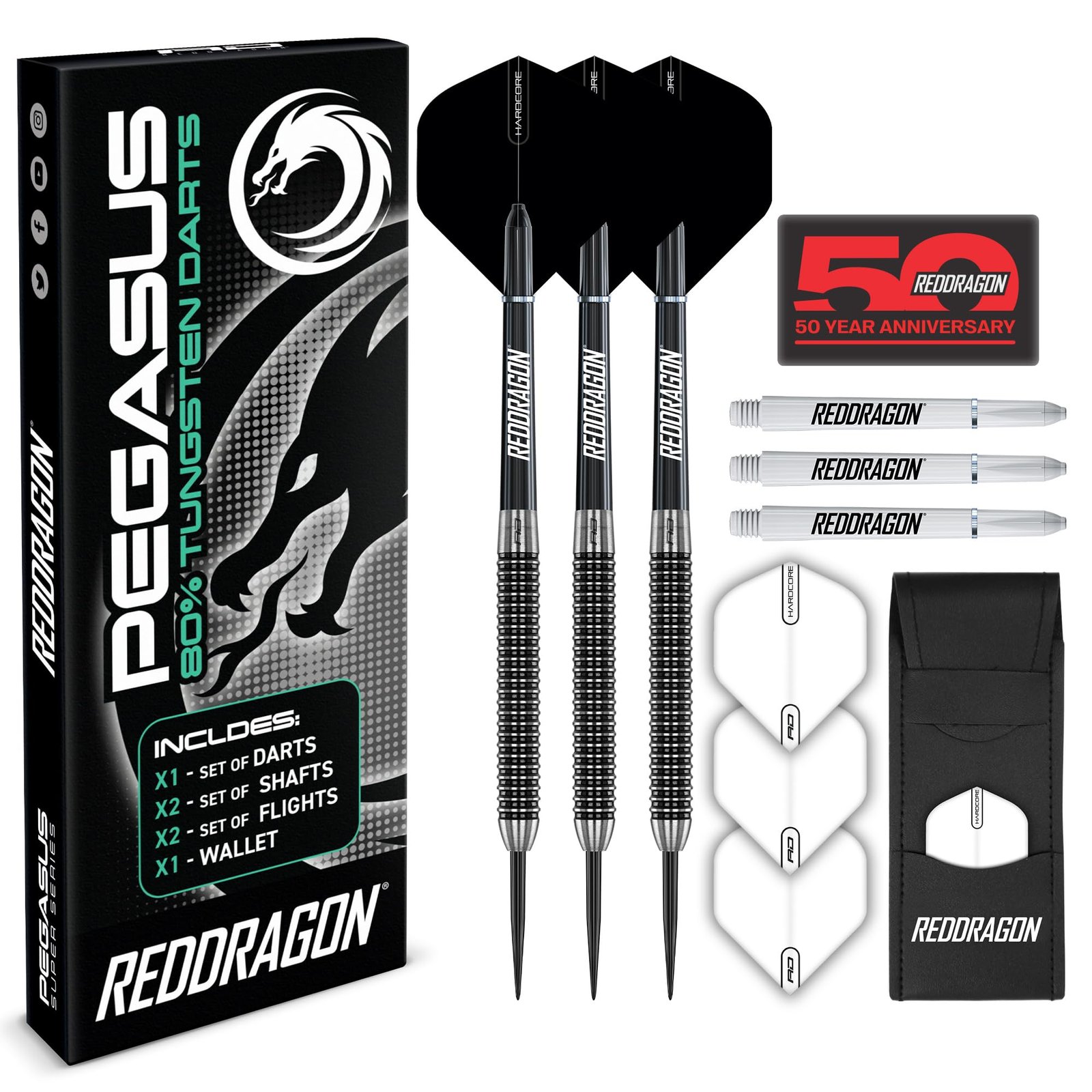 Pegasus Tungsten Steel Darts Set – 21g, 23g, 25g, 27g, 30g – White Red Dragon Stems and White Flights