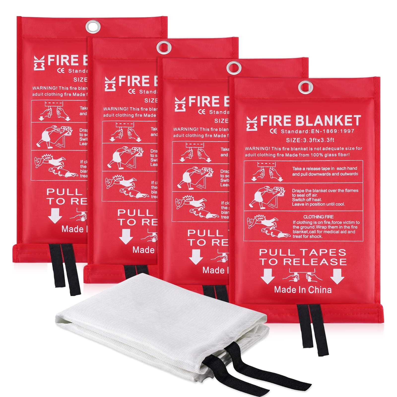 Fire Blanket for Home Emergency Survival – Fiberglass Suspend Fire Flames Suspension Blankets for Home and Kitchen School Grill Garage House Warehouse Safety (4pcs-FireBlankets)