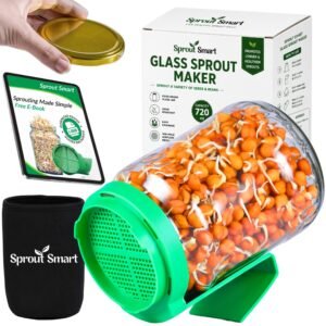 Sprouts Maker Glass Jar – 720ml Durable & Reusable Sprouter for All Seeds and Beans, BPA-Free with 300-Hole Mesh Lid for Airflow, Odor-Free, Easy Drainage, and Hygienic Glass Design – Green