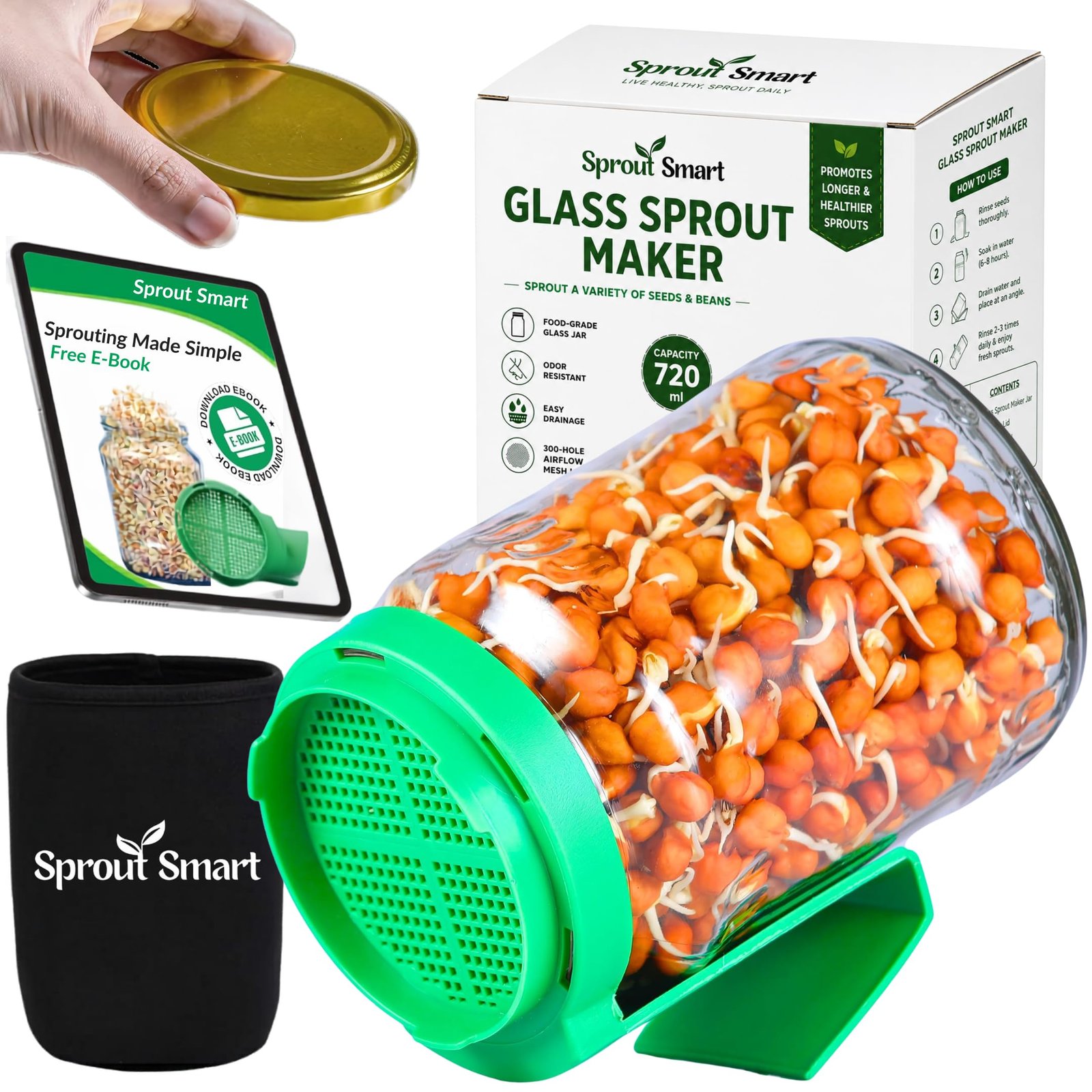 Sprouts Maker Glass Jar – 720ml Durable & Reusable Sprouter for All Seeds and Beans, BPA-Free with 300-Hole Mesh Lid for Airflow, Odor-Free, Easy Drainage, and Hygienic Glass Design – Green