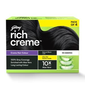Godrej Expert Rich Creme Hair Colour Sachet – Pack of 4 Natural Black 1.00 (80g+80ml) | with Aloe Vera & Milk Protein | No Ammonia