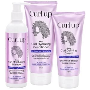Curl Up Curl Care Bundle with Curly Hair Shampoo, Conditioner and Leave in Curl Defining Cream | For Dry Frizzy, Wavy & Curly Hair | Sulphate Paraben & Silicone Free- Combo of 3