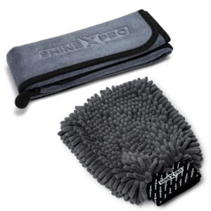 ShineXPro Microfiber Car Cleaning Cloth and Wash Mitt Kit – Includes OG Soft 500 GSM Extra Large (35×75 CM) Microfiber Cloth for Car and Dual Sided Chenille Microfiber Wash Mitt