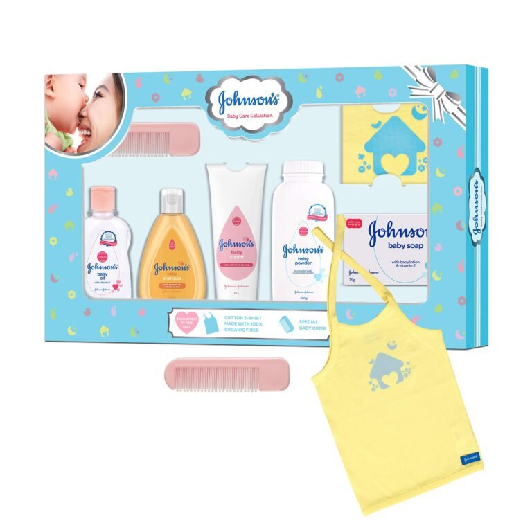 Johnson’s Baby Care Collection with Organic Cotton Baby Tshirt (7 Gift Items, Blue)