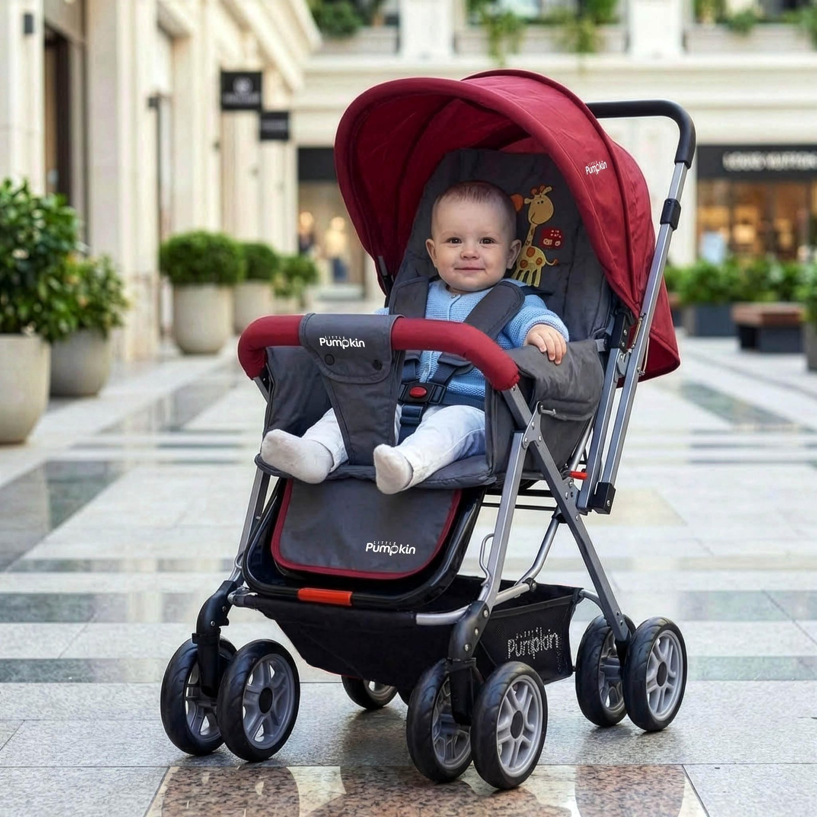 Little Pumpkin by R for Rabbit Kiddie Kingdom Baby Stroller Pram with 3 Position Recline, Adjustable Backrest, 360° Swivel Wheel, Storage Basket, Reversible Handle for Kids 0 to 3 Years (Red)
