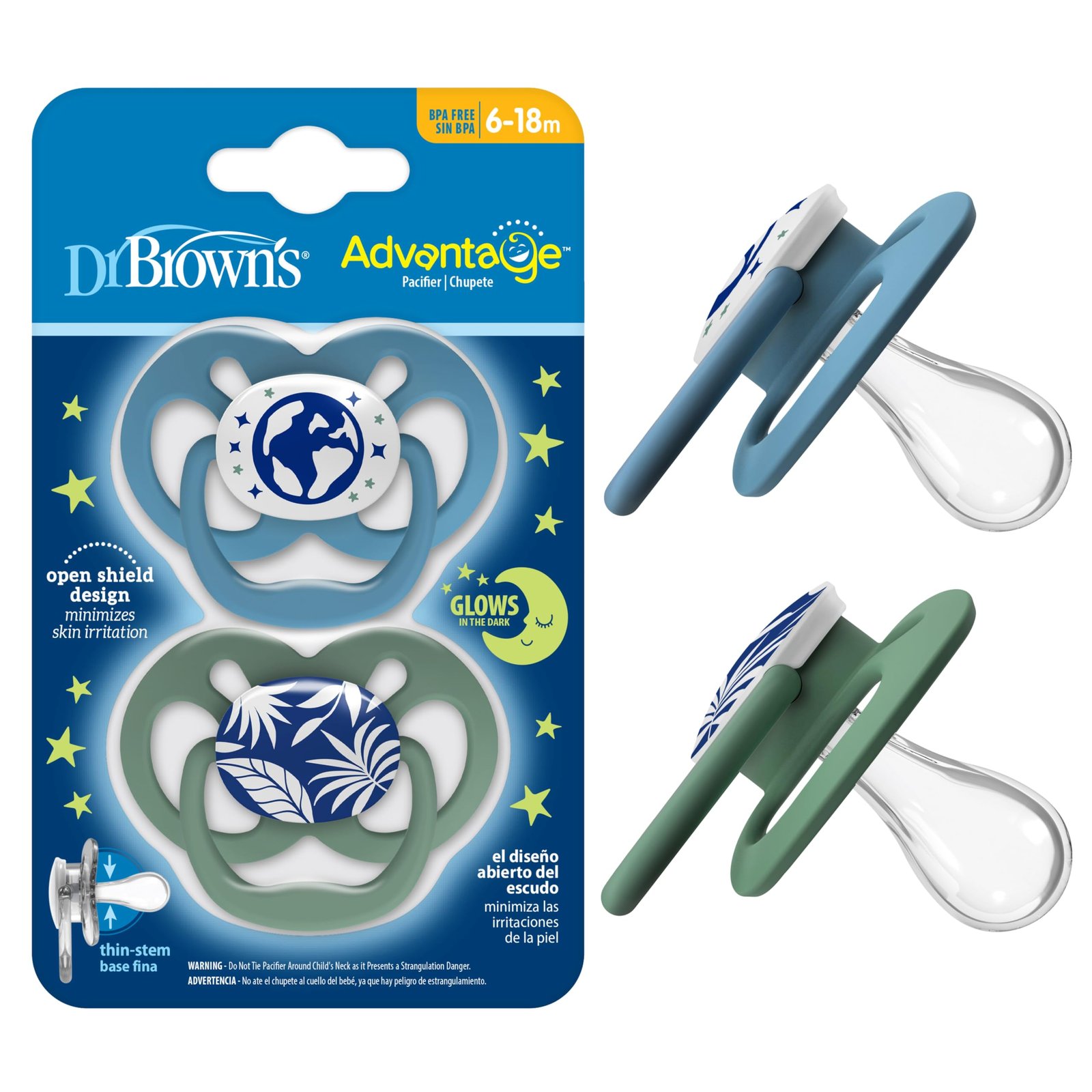 Dr. Brown’s Advantage Glow in the Dark 2 Piece Stage 2 Pacifie (Pack of 2, Blue)