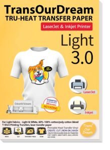 TransOurDream Light 3.0 – Heat Transfer Paper for Inkjet & Laserjet Printer (5 Sheets, A4) Printable HTV Heat Transfer Vinyl for T Shirts Iron on Transfers for Light Fabrics(TOD-L3-5)