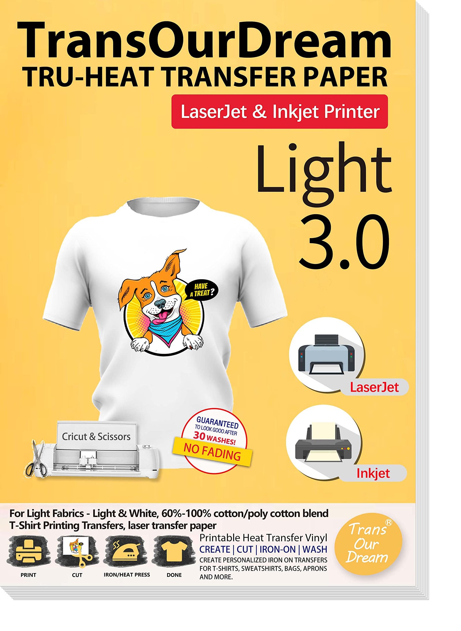 TransOurDream Light 3.0 – Heat Transfer Paper for Inkjet & Laserjet Printer (5 Sheets, A4) Printable HTV Heat Transfer Vinyl for T Shirts Iron on Transfers for Light Fabrics(TOD-L3-5)