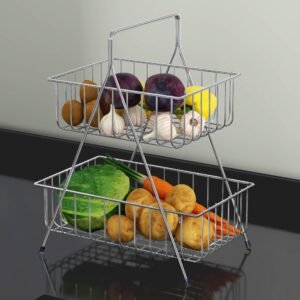 Plantex Fruit Basket for Dining Table/2-Tier Fruit Stand for Kitchen/Vegetable Basket Stand – Chrome (36.5 x 30.5 x 19 cm)