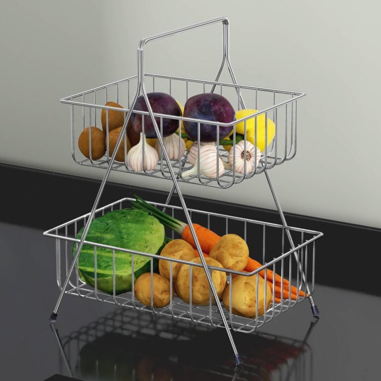 Plantex Fruit Basket for Dining Table/2-Tier Fruit Stand for Kitchen/Vegetable Basket Stand – Chrome (36.5 x 30.5 x 19 cm)