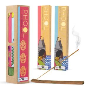 Phool Luxury Incense Good Vibes Combo Pack – Natural Incense Sticks (Indian Rose & White Cedar), 80 Organic Charcoal-Free Agarbatti, Pack of 2, Free Wooden Stand, Pooja & Home