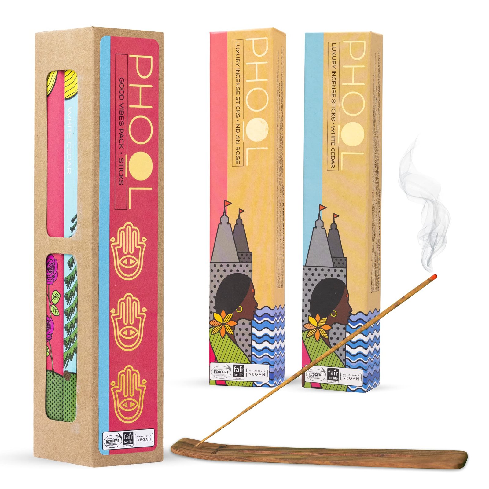 Phool Luxury Incense Good Vibes Combo Pack – Natural Incense Sticks (Indian Rose & White Cedar), 80 Organic Charcoal-Free Agarbatti, Pack of 2, Free Wooden Stand, Pooja & Home