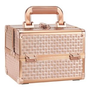 Joligrace Beauty Makeup Train Case for Lady Portable Cosmetic Box Jewelry Organizer Lockable with Keys and Mirror 2-Tier Trays Carrying with Handle Makeup Storage Box – Rose Gold