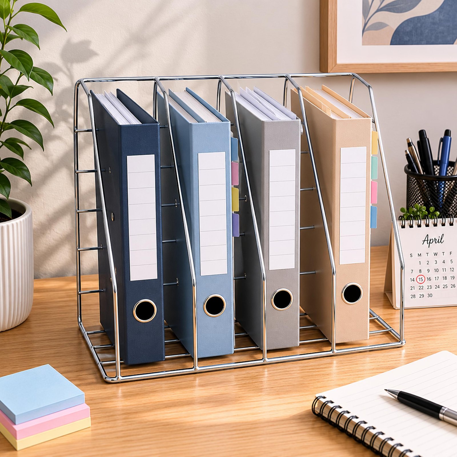 Zepdos Stainless Steel File Organizer Rack for Desk, 4 Slot Magazine Holder & Document Organizer Stand, Wall Mounted Office File Holder for Books, Files Rack | Home & Office Desk Organizer