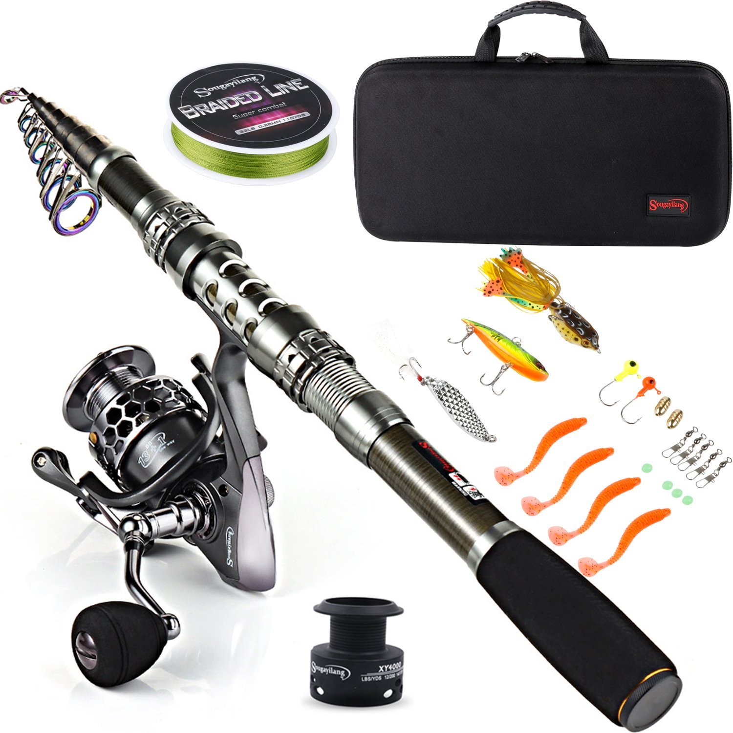 Sougayilang Fishing Rod Combos with Telescopic Fishing Pole Spinning Reels Fishing Carrier Bag for Travel Saltwater Freshwater Fishing – 2.1M