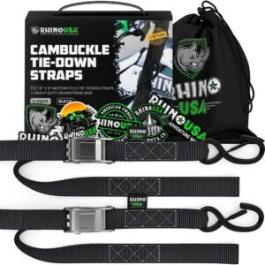 RHINO USA Motorcycle Tie Down Straps (2 Pack) Lab Tested 3,328lb Break Strength, Steel Cambuckle Tiedown Set with Integrated Soft Loops – Better Than a Ratchet Strap