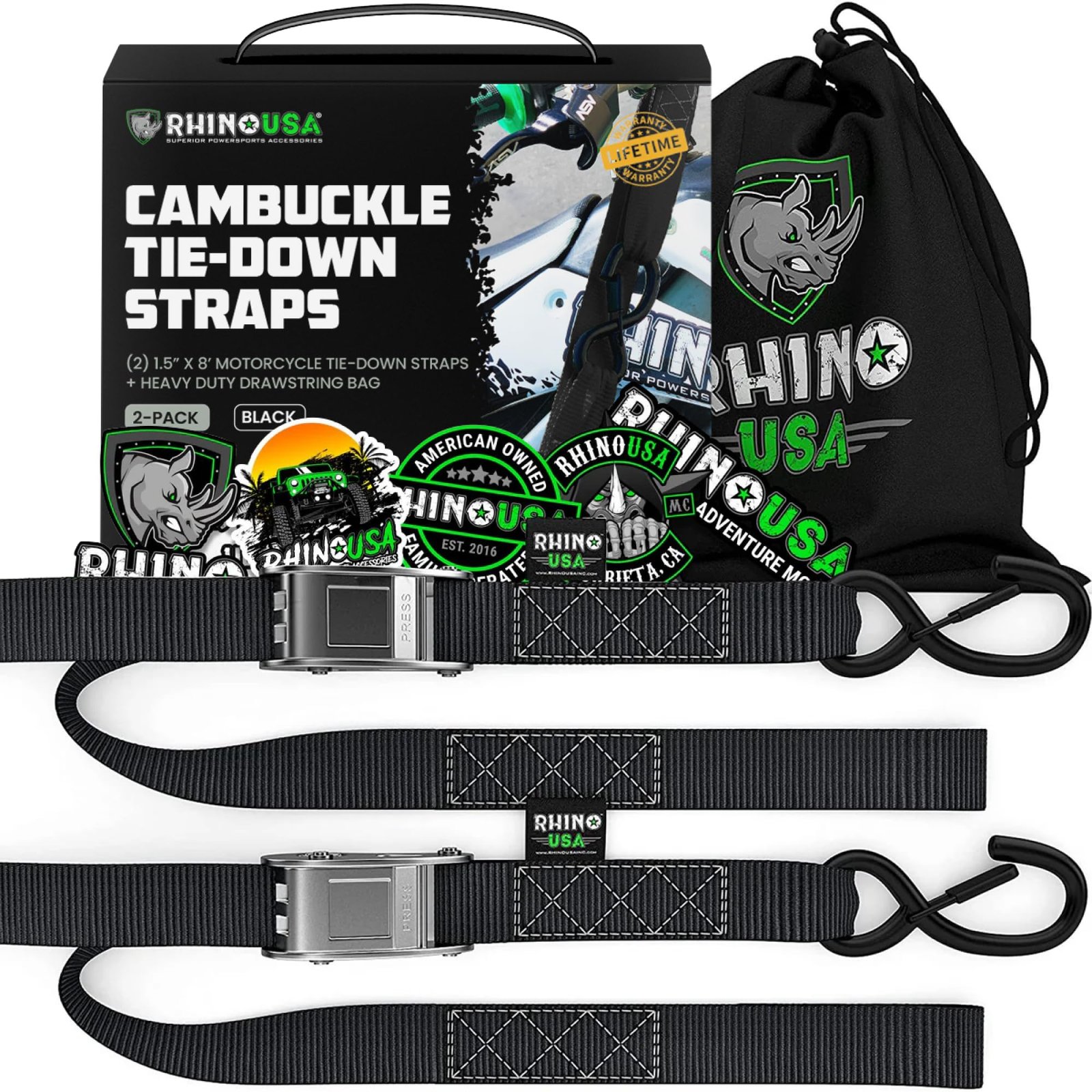 RHINO USA Motorcycle Tie Down Straps (2 Pack) Lab Tested 3,328lb Break Strength, Steel Cambuckle Tiedown Set with Integrated Soft Loops – Better Than a Ratchet Strap