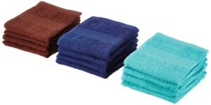Amazon Brand – Solimo Cotton 12 Piece Face Towel Set, 380 GSM (Baltic Blue, Twilight Blue, Brick Red)