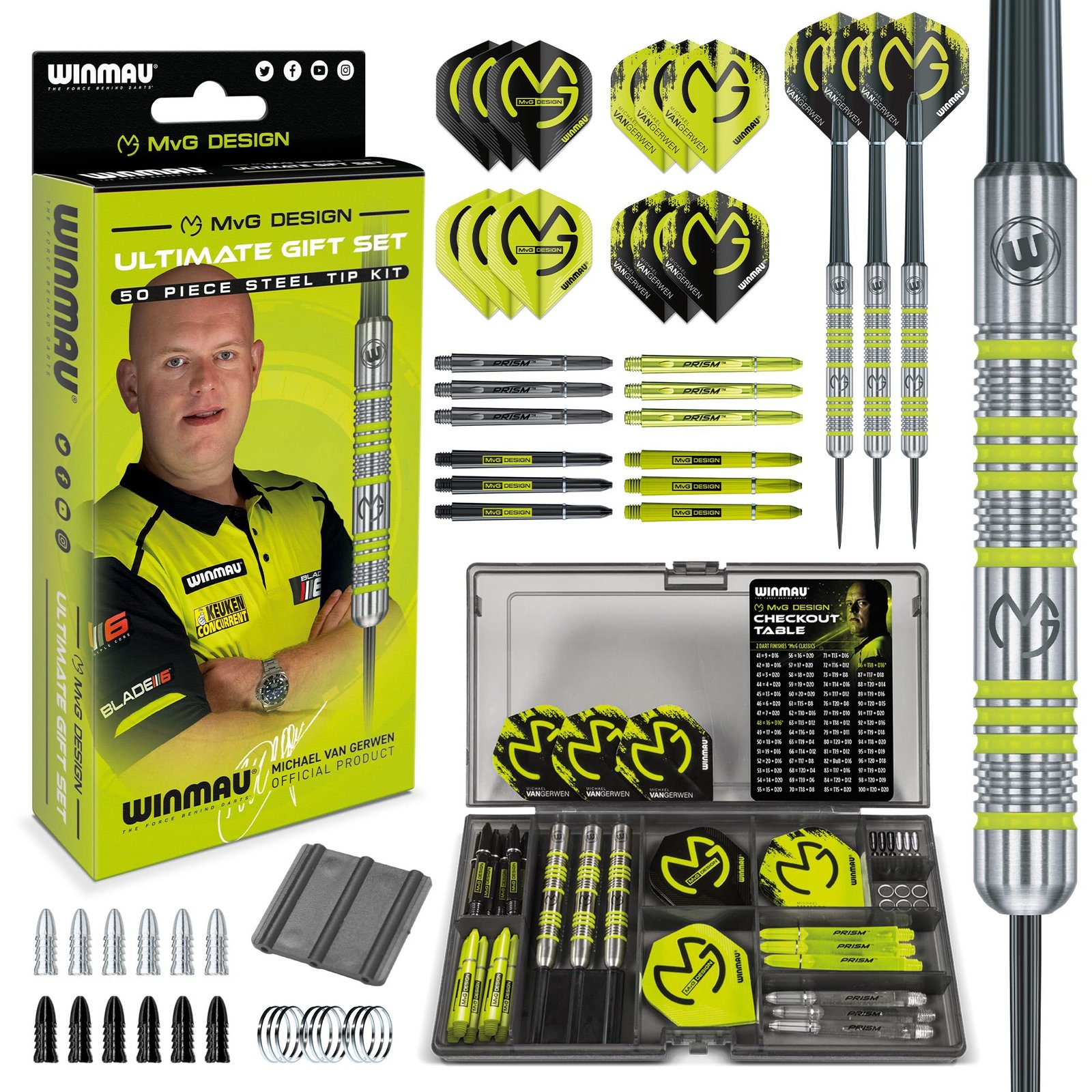 WINMAU Michael Van Gerwen MvG Steeltip Gift Set – 50 Piece Dart Set with 4 Shafts, 4 Flights Plus Accessories