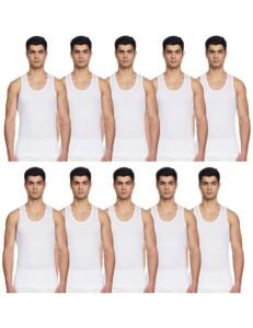 Rupa Jon White Round Neck Sleeveless Men Vest | 100% Cotton Fabric | Breathable | Ultralight Vest | Pack of 10