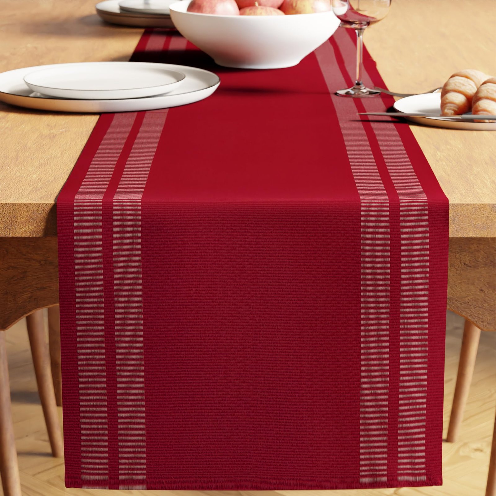 Encasa XO Dining Table Runner for 4 to 6 Seater, Ribbed Cotton Ladder Red