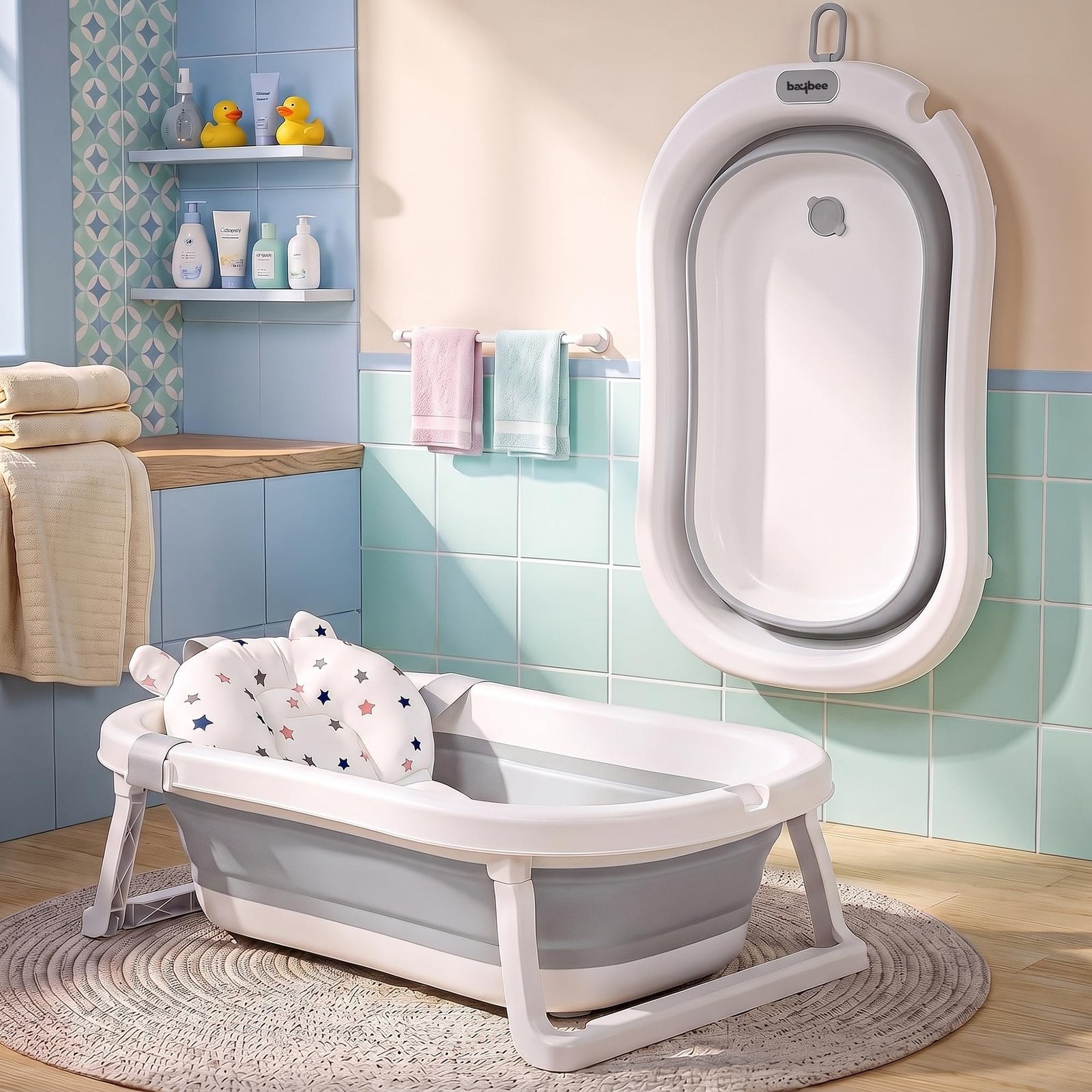 Baybee Bath Tub for Baby 0-5 Years, Foldable Bathtub for Kids with Anti Skid Base, Support Cushion & Drainer, Mini Swimming Pool for Kids, Newborn Baby Folding Bathing Tub for Girls & Boys (Grey)
