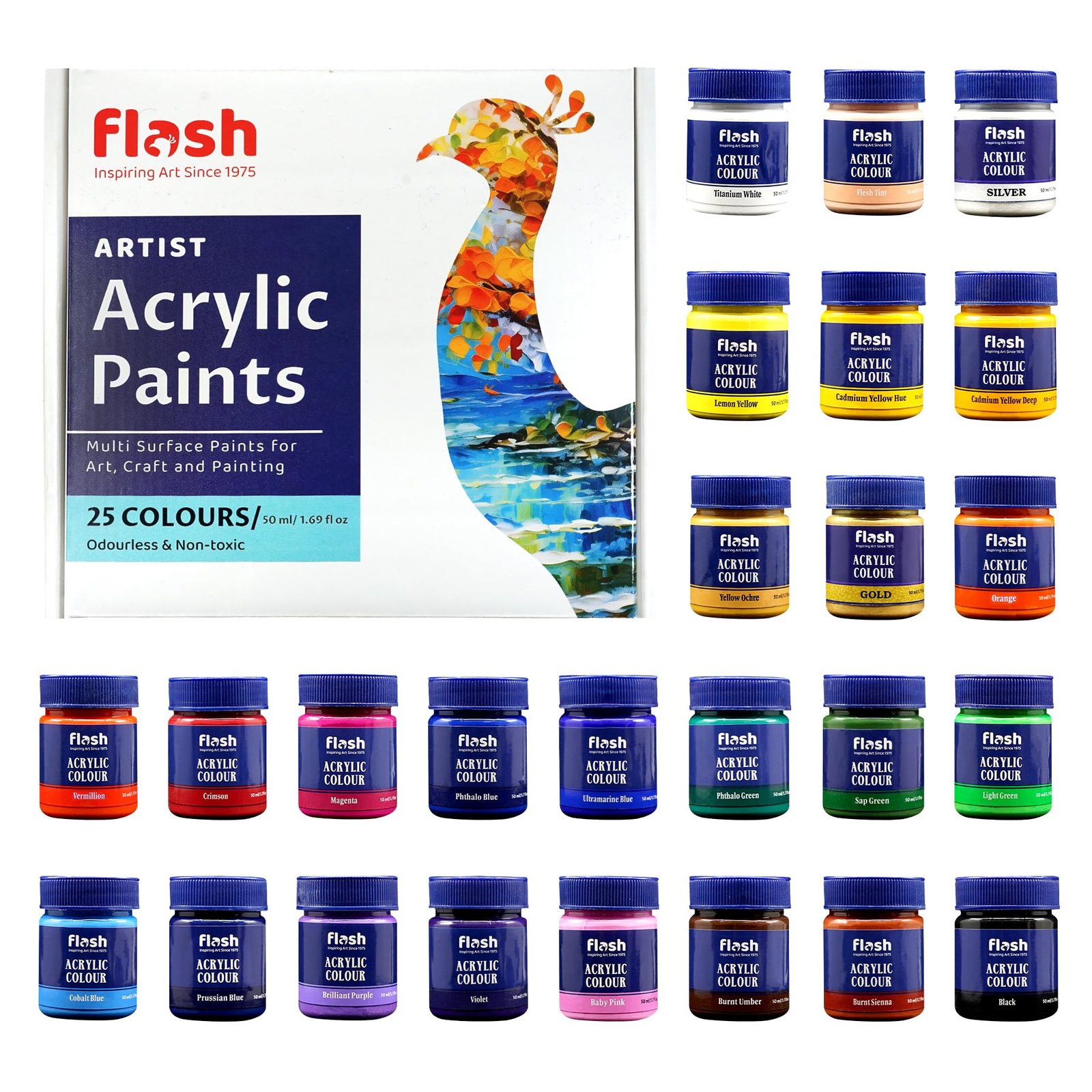 Flash New Improved Acrylic Colour Set For Adults Kids Professionals-High Pigment Strength Eco Friendly Non Fading Non Toxic Multi Surface Acrylic Paint (50 ml each, 25 Colours)