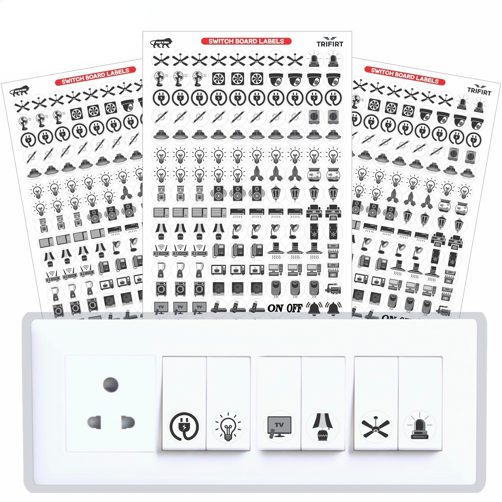 TRIFIRT Switch Board Stickers for Home and Office – 41 Icons 450 Pcs Self Adhesive, Modern Electric White Switch Board Covers, Transparent Stickers for Switches, Lightbulb, Fan, AC, Stickers 1.5 cm