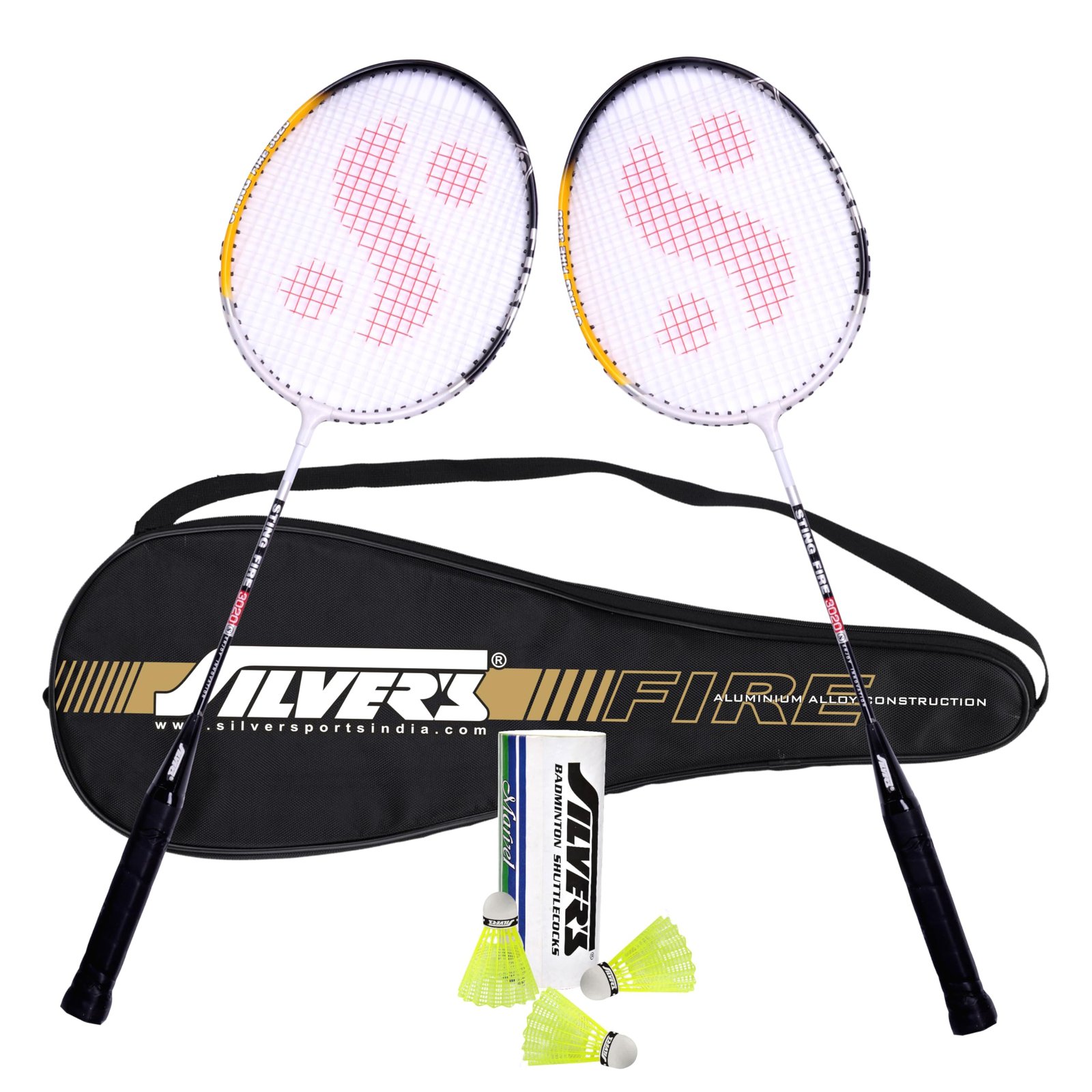 Silver’s Aluminium Fire Badminton Kit (2 Racquets with Full Cover, 1 Box Shuttlecock Pack of 3) Black, Aluminium, FIRE Combo 2 with Nylon Shuttle, Black/White