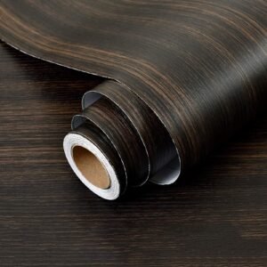 wolpin Wood Door Wallpaper 45 x 300 CM (Black Brown) | DIY Self Adhesive Vinyl for Door Furniture Almirah Table Top Wardrobe | PVC Shelf Liner Contact Paper for Home Décor Kitchen Cupboard