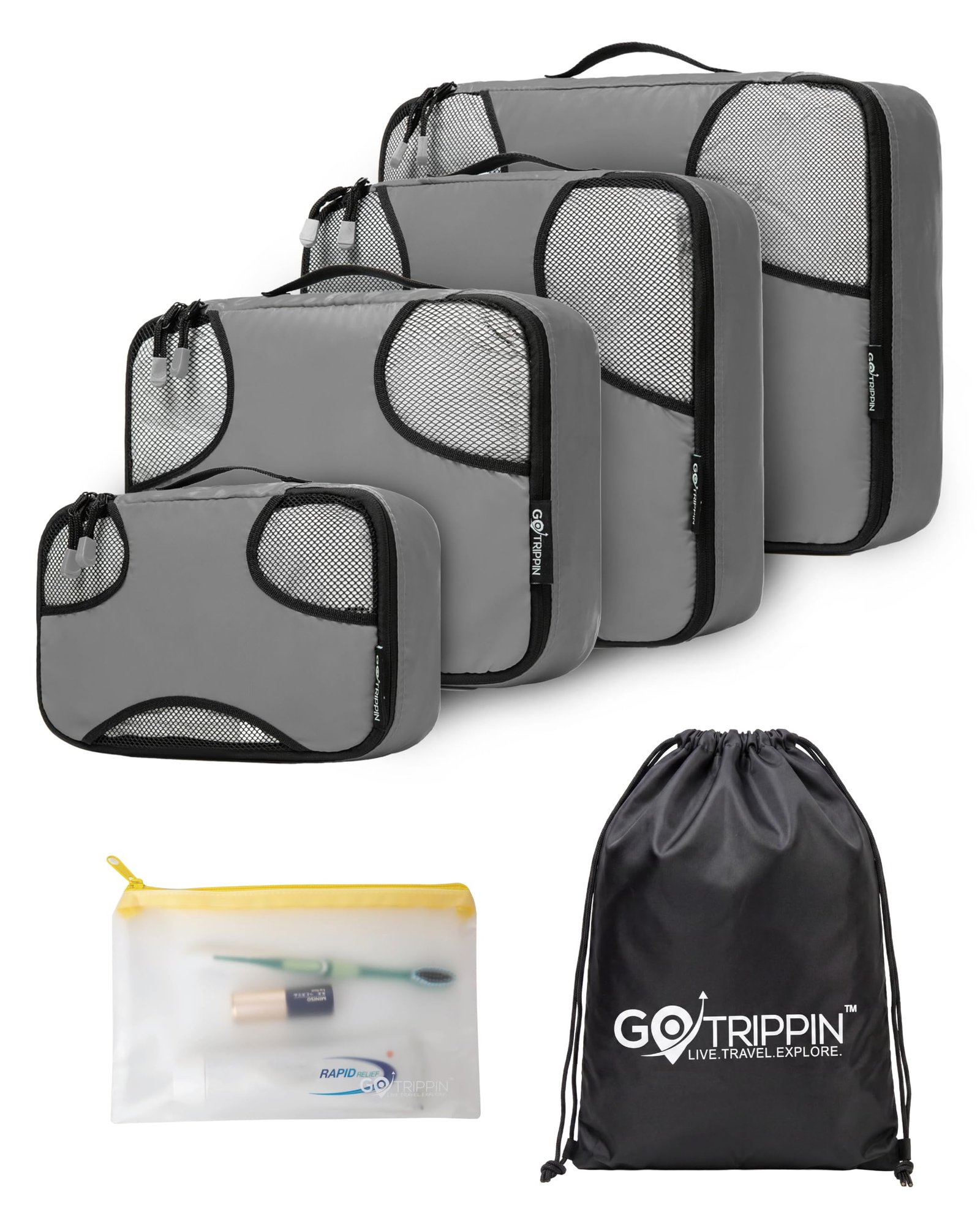 Gotrippin Packing Cubes for Travel, 6 in 1 Water Resistant Travel Organizer Pouch Set (4 Cubes+ Drawstring Bag+ Cosmetic Pouch), Luggage Suitcase Wardrobe Organiser Bags (Grey),Polyester