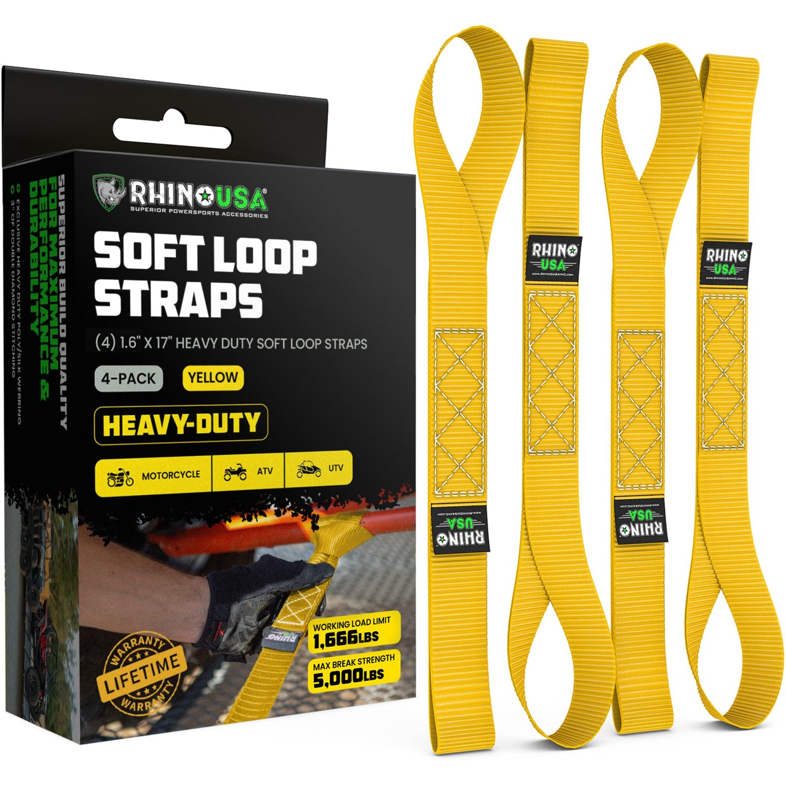 GORILLA Soft Loops Motorcyle Tie Down Straps – 10,427lb Break Strength – Securely Tow with Confidence and Protect Your Paint & Chrome – Soft Ties Hooks to Ratchet Strap – 4 Pack – Made in the USA