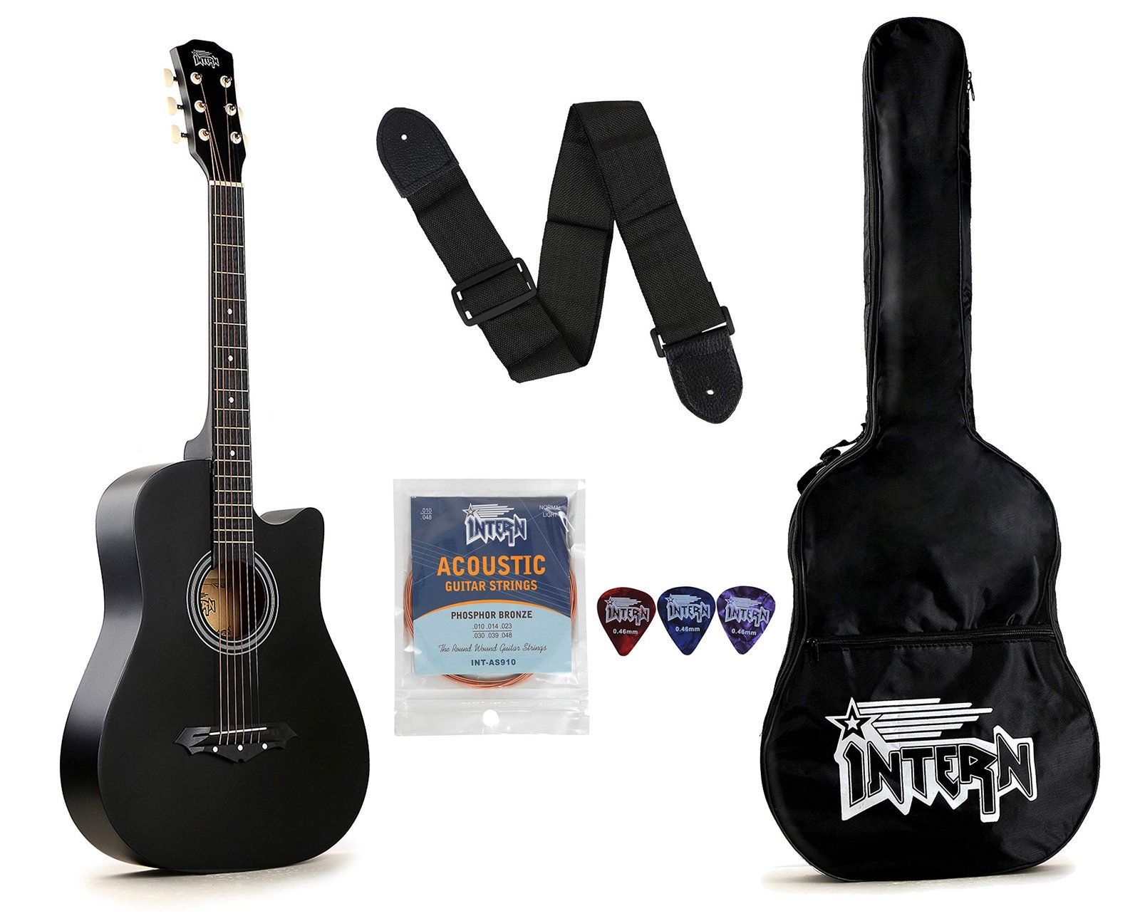 Intern Right hand Acoustic Guitar Kit, With Bag, Strings, Pick, Strap and String Winder (Black, 38 Inch)