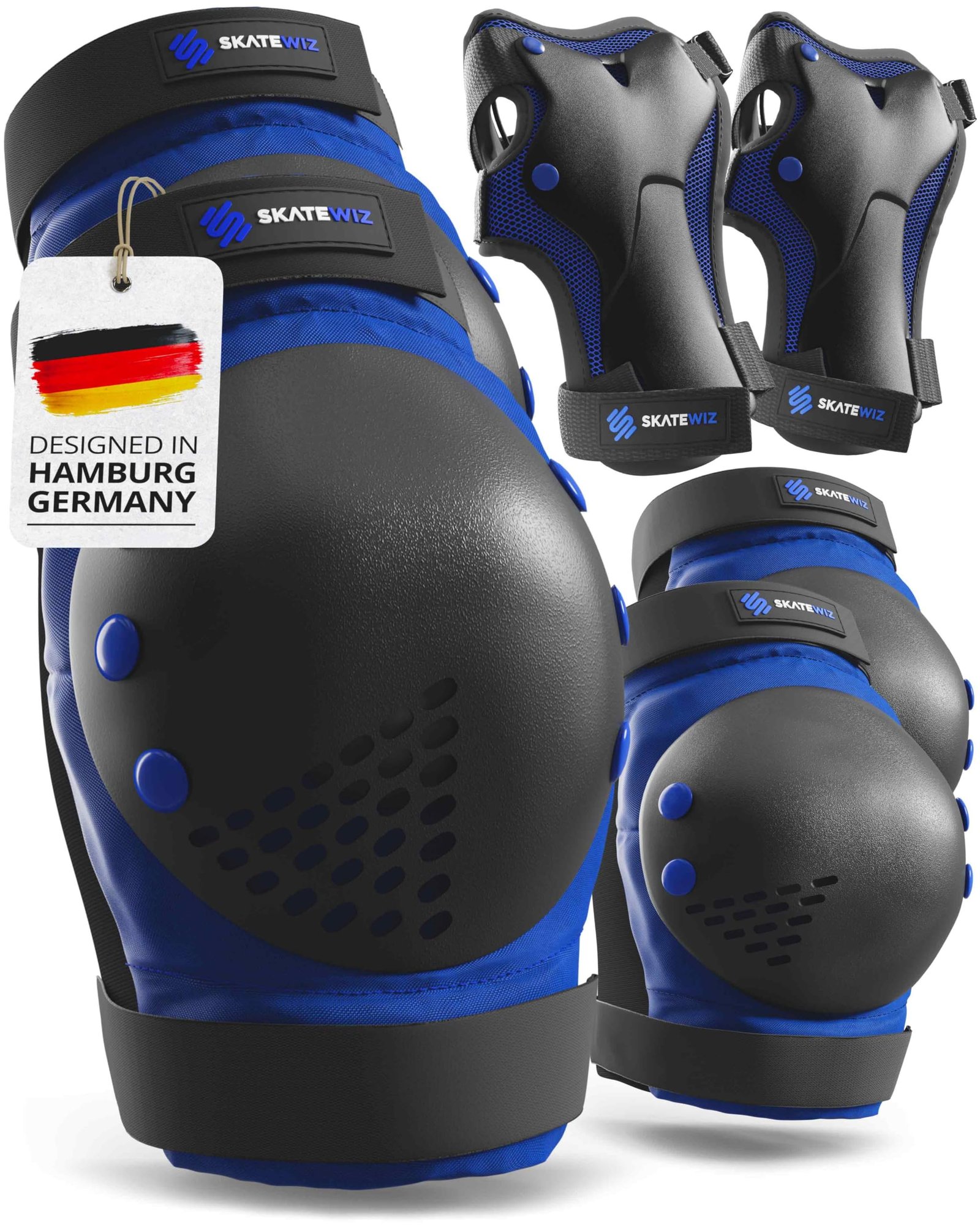 SKATEWIZ Knee and Elbow Pads Adult – Skating Protective Gear Adult, – Smash – Size L Blue Black – Skateboard Pads, Roller Skates, Inline Skate – Ice Skates Women