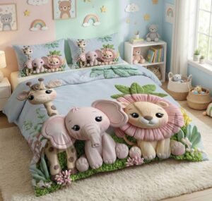 BSB HOME 7D Digital Printed Kids Double Bedsheet, Cloud Cotton Soft & Breathable Bedding for Kids Room, Cute Jungle Animals Theme,Gift Packaging, Dusty Aqua, 90 x 100 Inches