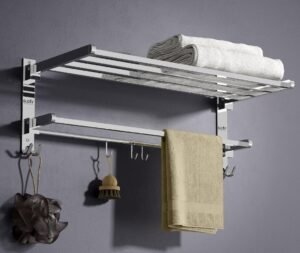 Gloxy Premium Stainless Steel 24 Inch Towel Holder in Bathroom – Wall Mount Dual Folding Towel Rack in Bathroom – Chrome Finish Towel Hanger for Bathroom Accessories – Pack of 1