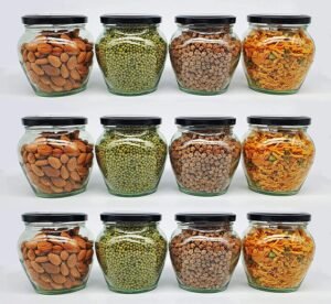 SITOVI Transparent Glass Jar and Container Air Tight Black Lid for Kitchen 400 ml Mataki Glass Jar with Airtight Metal Lid Pack of (6)