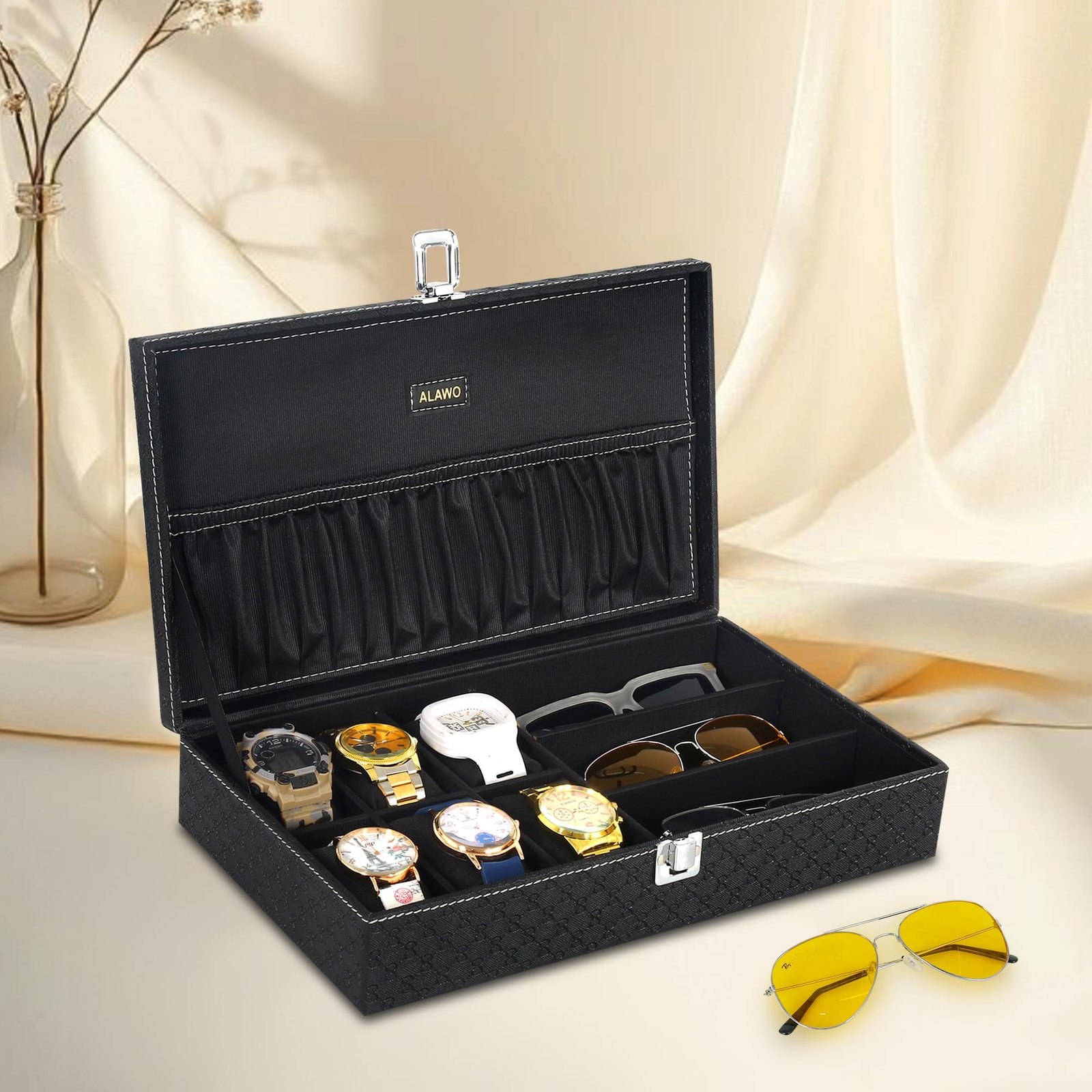ALAWO Watch Box Organizer and Sunglasses Case Holder with 6 Slots for Watches and 3 Slots for Sunglasses in Black & Black color